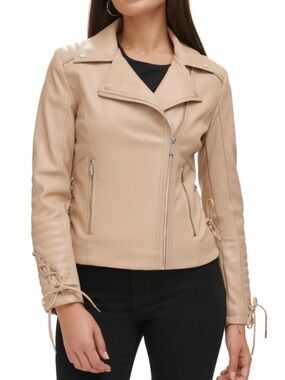 Women’s Beige Faux Leather front zip laced Moto Jacket XL